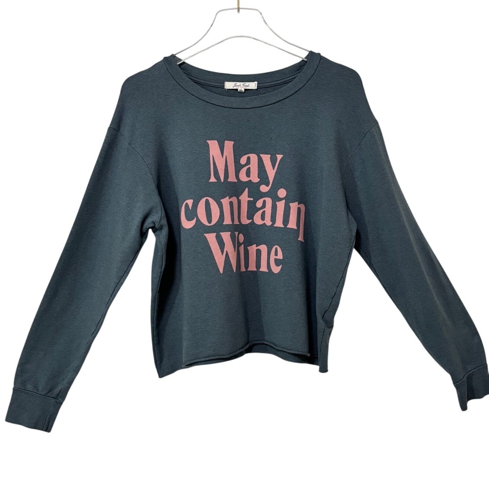 Junk Food Sweatshirt - Sz Large "May Contain Wine" Graphic Raw Hem Cropped Soft